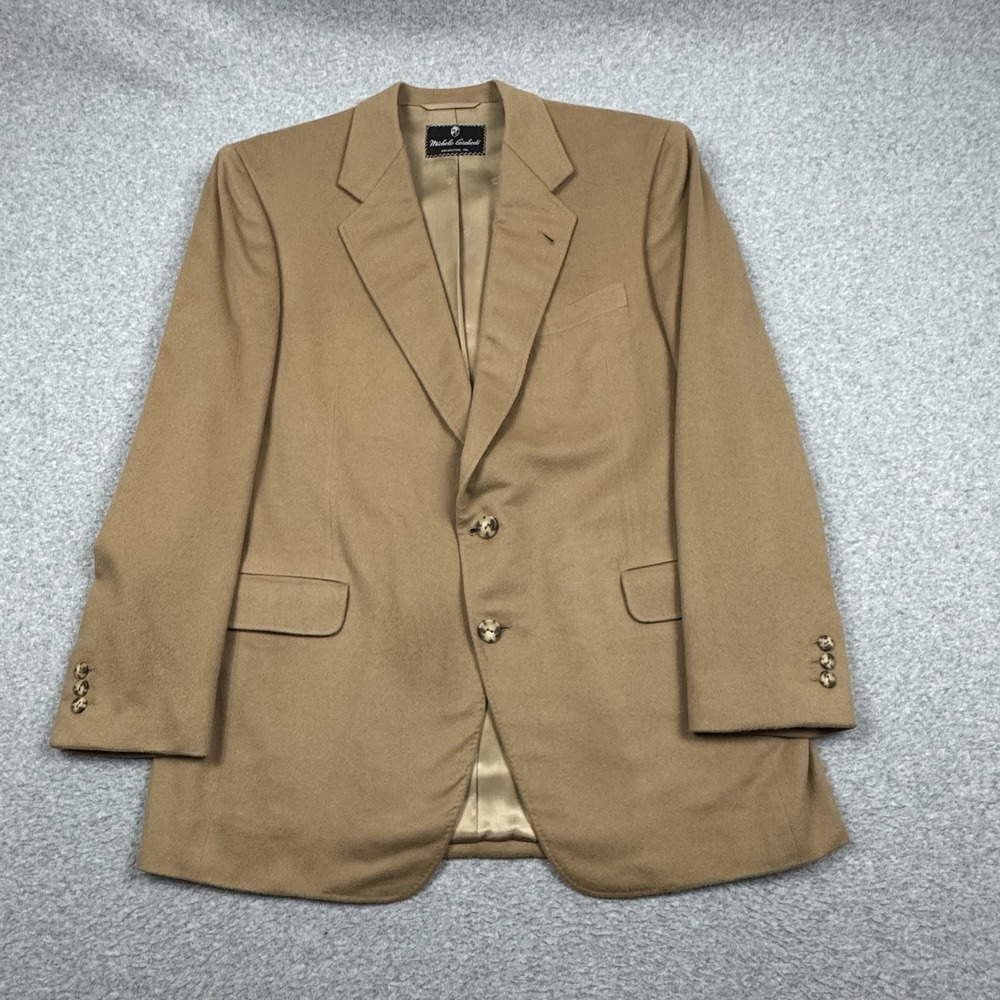 VTG Michele Carchedi Sport Coat 42R Beige Camel Blazer Horn Buttons Bespoke 90's